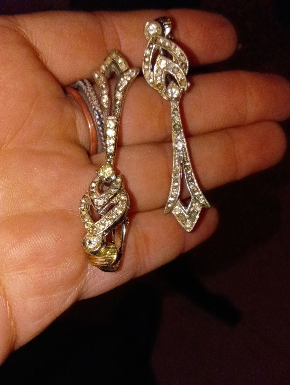 vintage Art Deco style rhinestone drop earrings featuring a classic structural